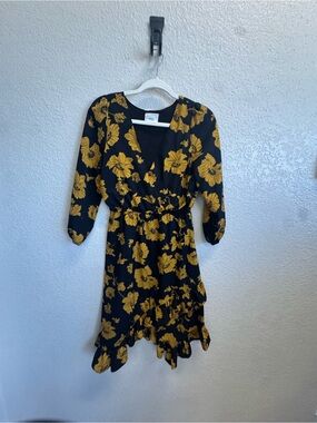 Yellow Floral Wrap Midi Dress - Unbranded